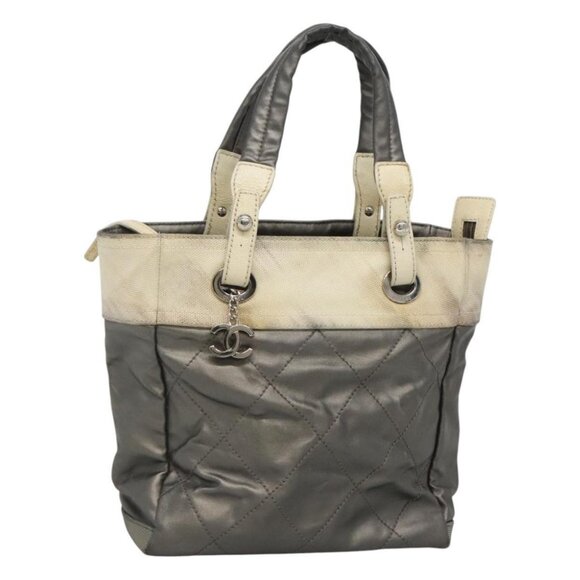 CHANEL Paris Biarritz PM Tote Bag Coated Canvas Silver CC Auth bs23887